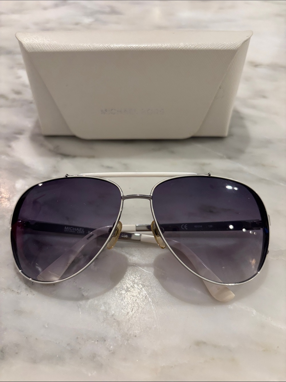 Michael Kors White and Silver Aviator Sunglasses with Gradient Gray Lenses